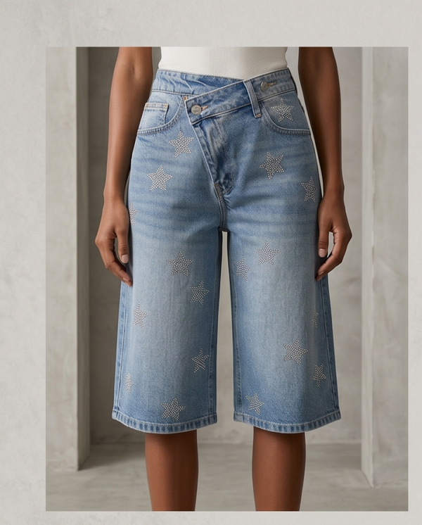 Jeans Bermuda met strass Sterren - Lichtblauw