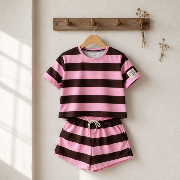 Dames Gestreepte 2-Delige Lounge Set – One Size | Roze/Bruin