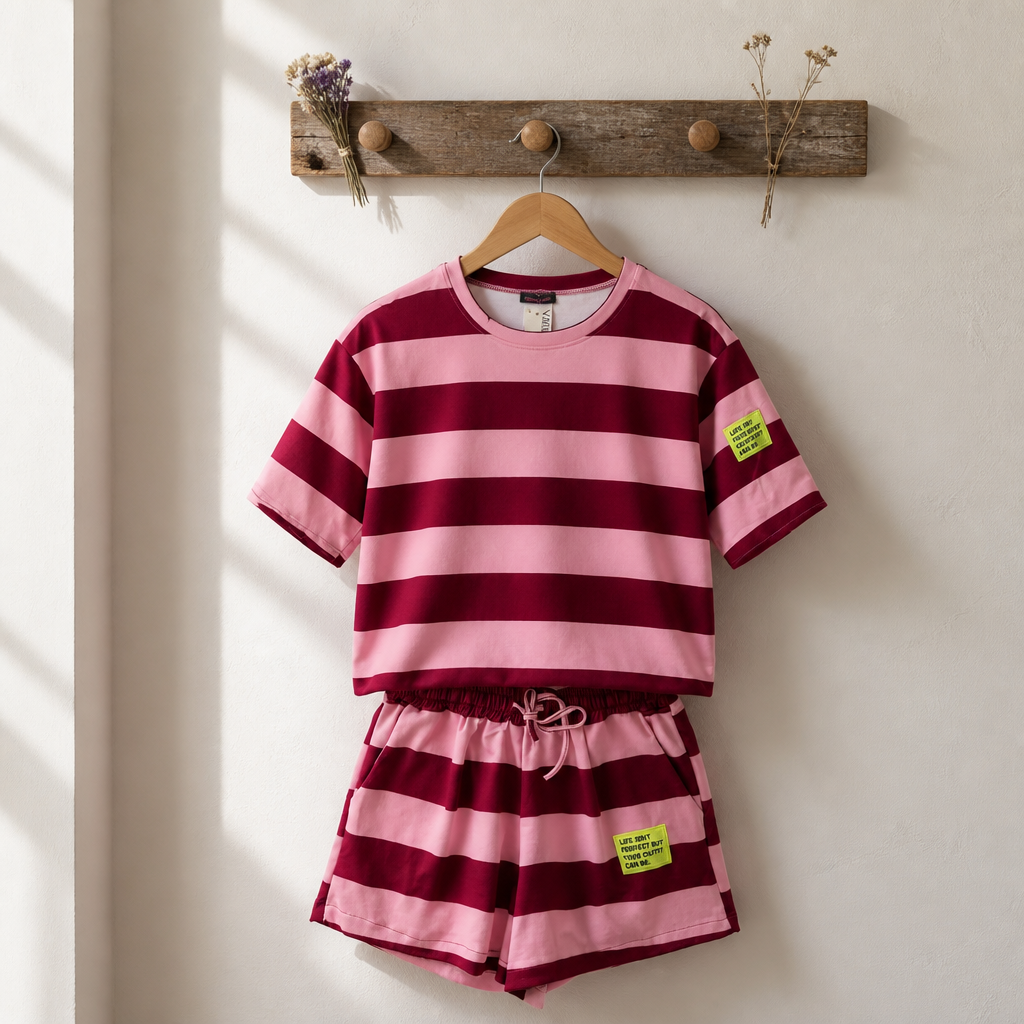 Dames Gestreepte 2-Delige Lounge Set - one/size Roze/Bordeaux