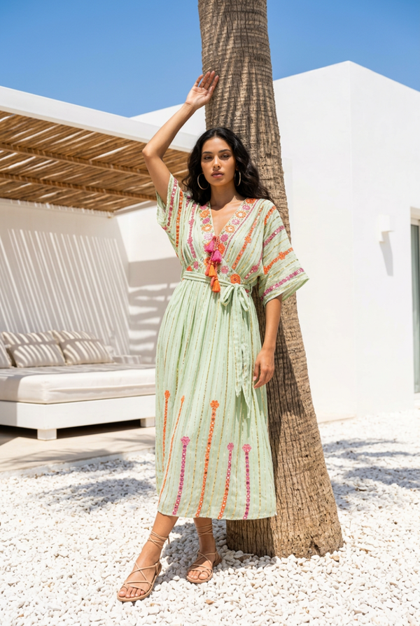 Golden Days maxi Jurk Saliegroen/koraaloranje one-size