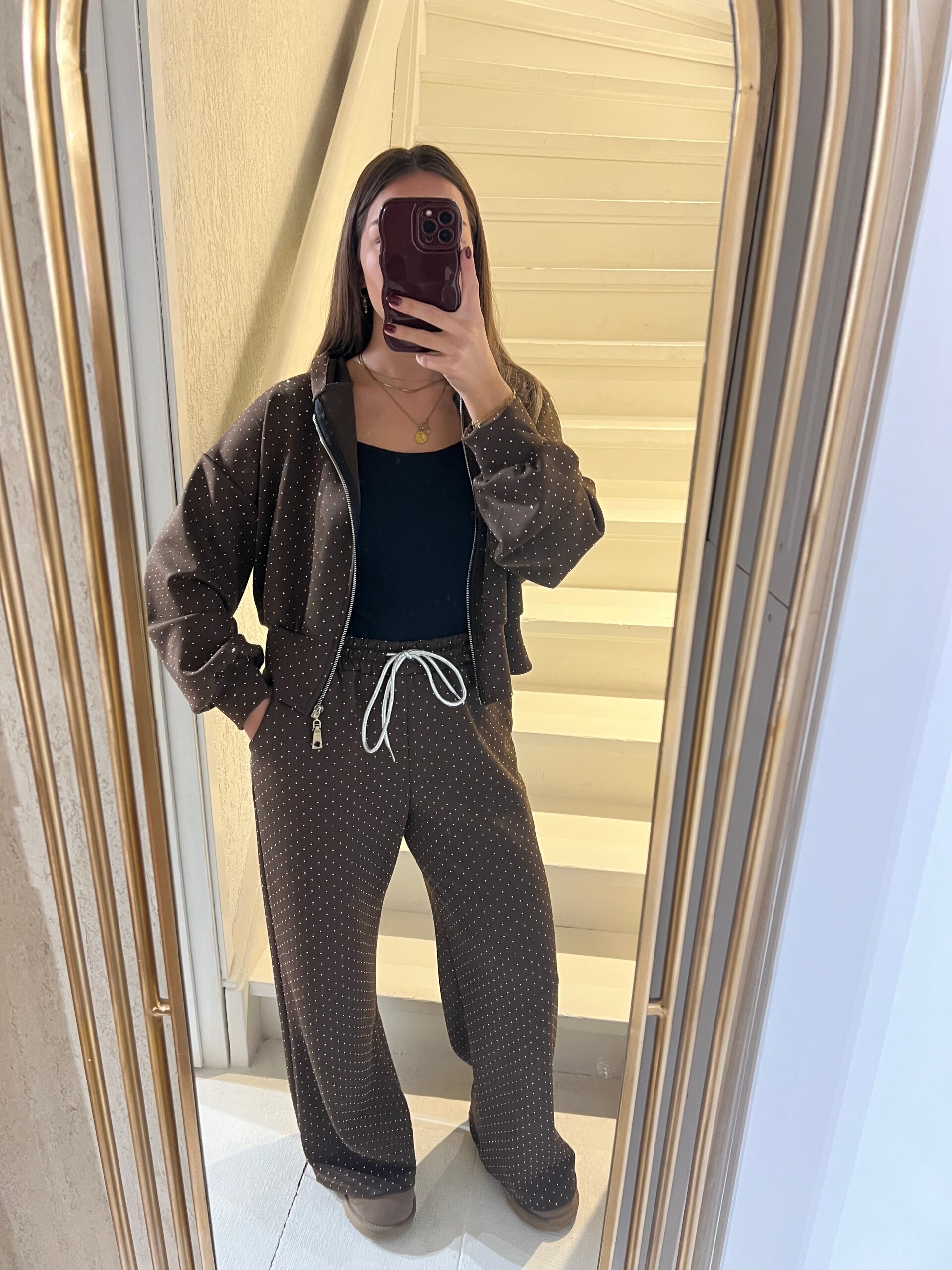 1013 Comfy-set tweedelig glitter studs donkerbruin