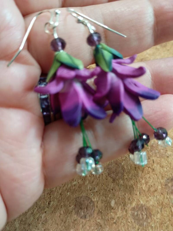 Purple Fuchsia Flower Earrings set