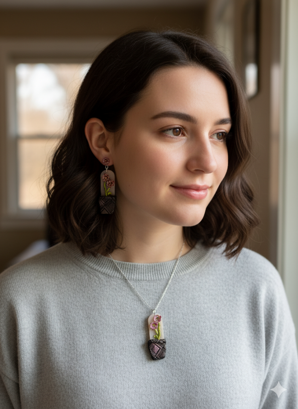 Delicate Gray Flower Pot Necklace set