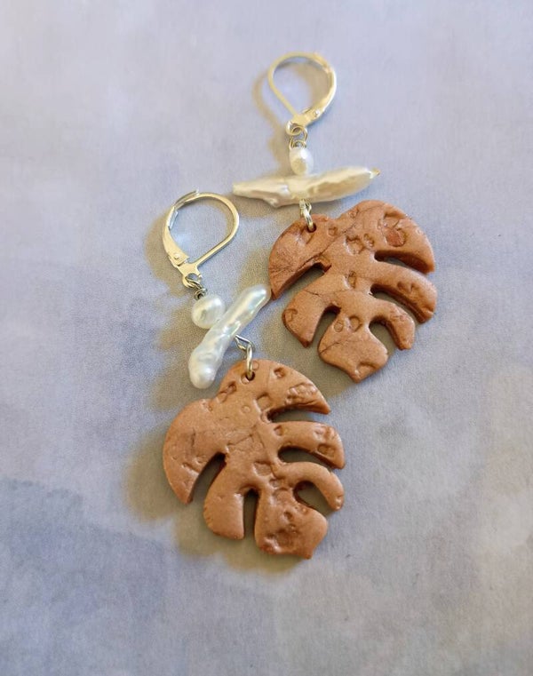 Terra Cotta Earth Tone Monstera Dangle Earrings