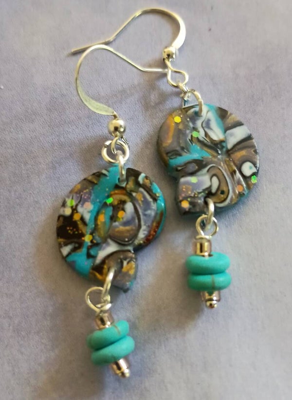 Gilded Turquoise Mokume Freeform Spiral Earrings