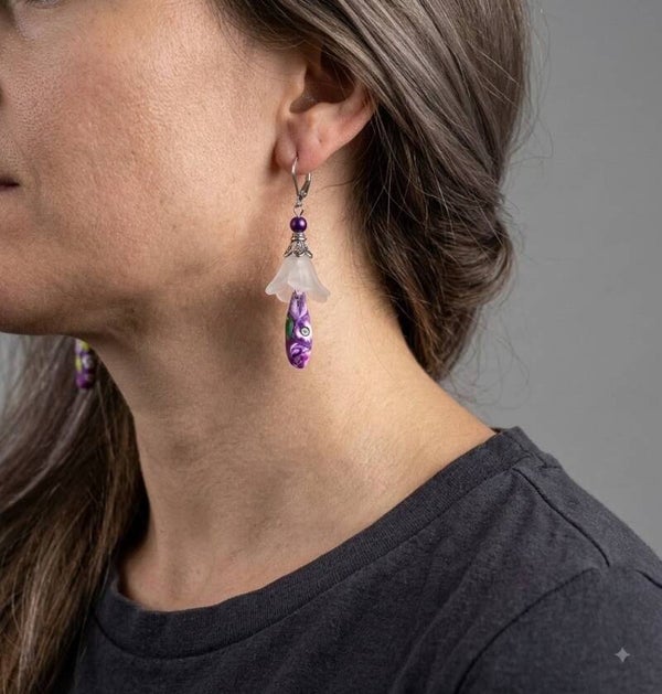 Frosted Bellflower & Polymer Cane Drop Earrings