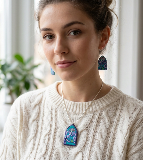 Peacock Botanical Arch Pendant & Earring Set