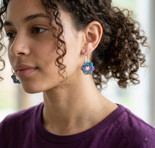 Peacock Botanical Hoop Earrings – Polymer Clay Floral Dangles
