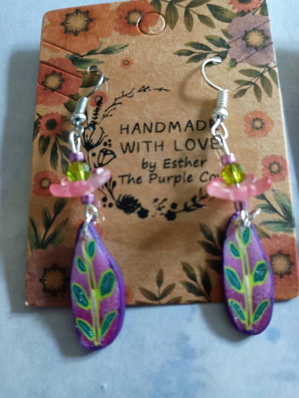 Purple Leaf & Blossom Dangle Earrings (three options)