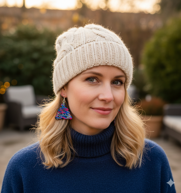 Blue and Red Winter Cap Drop Earrings