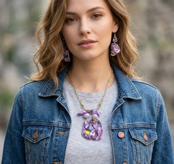Denim Chic Floral Statement Necklace & Earring Set