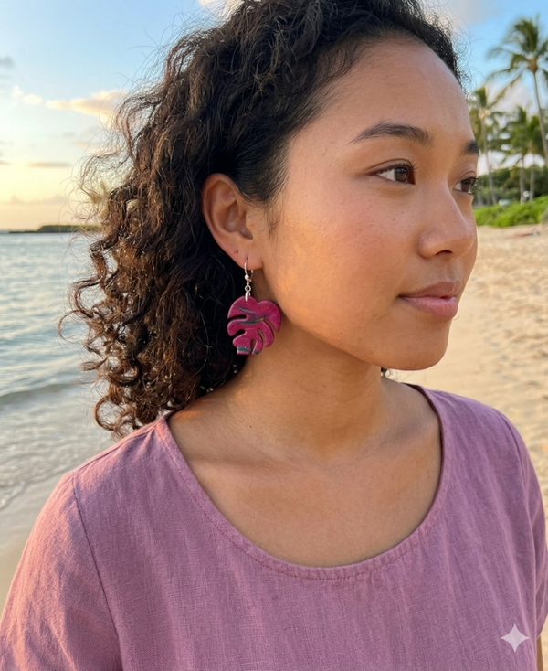 Magenta Sunset Striped Monstera Earrings