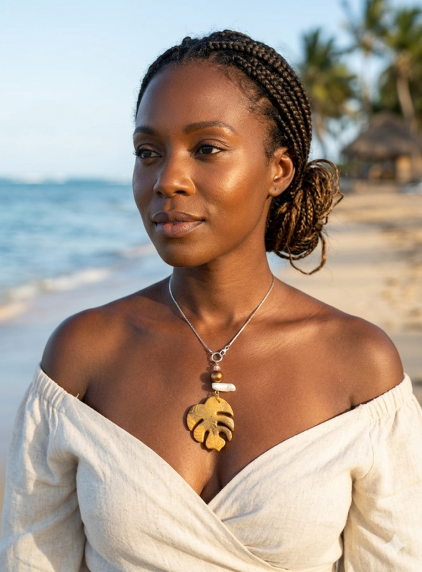 Golden Monstera "In the Shade" Pendant Necklace with South Sea Pearl