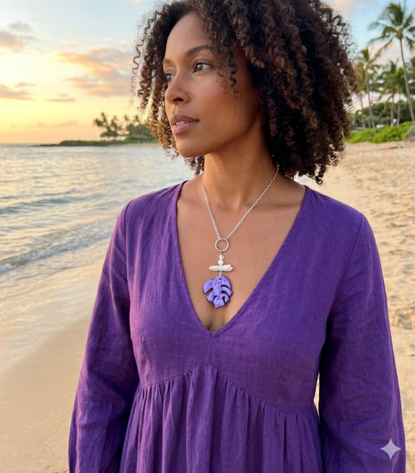 Shimmering Orchid Monstera Leaf Pendant Necklace