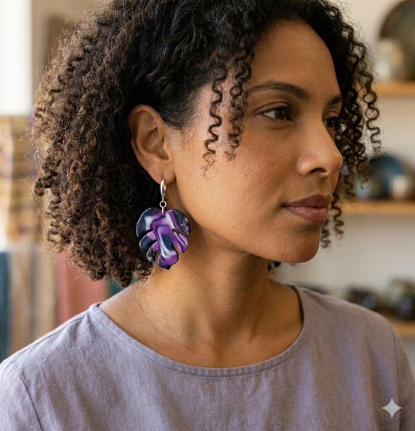 Signature Purple Marbled Monstera Leaf Earrings