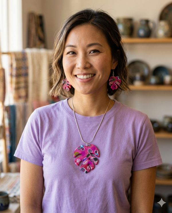 Fuchsia Fusion Millefiori Monstera Necklace & Earring Set