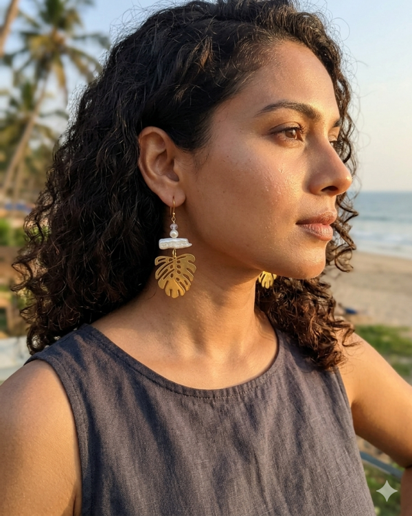 Golden Monstera Filigree Dangle Earrings with Baroque Pearls