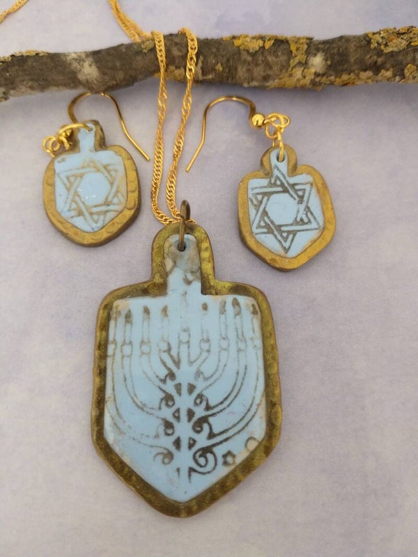 Handcrafted Sky Blue & Gold Etched Menorah Jewelry Set