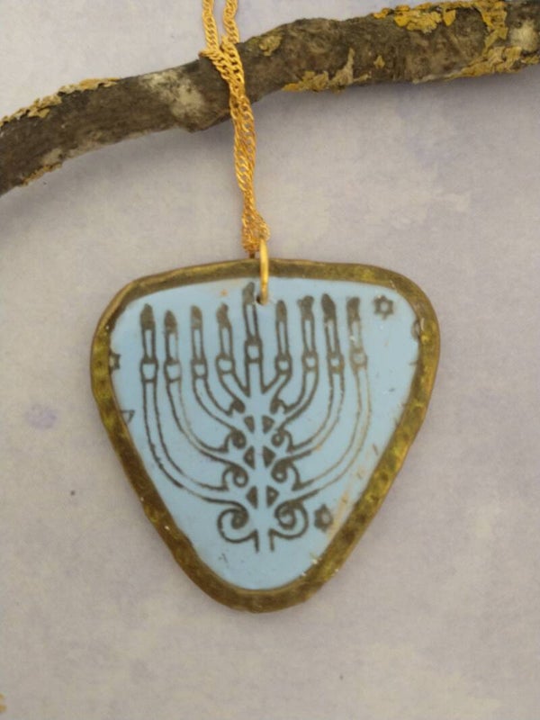 Handcrafted Sky Blue & Gold Etched Menorah Pendant Necklace