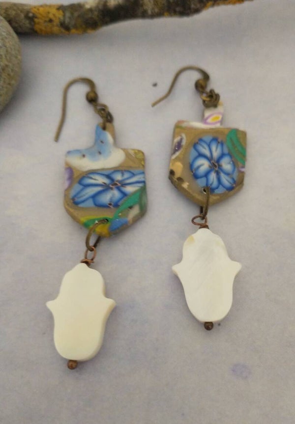 The Blue Floral Dreidel & Mother of Pearl Earrings