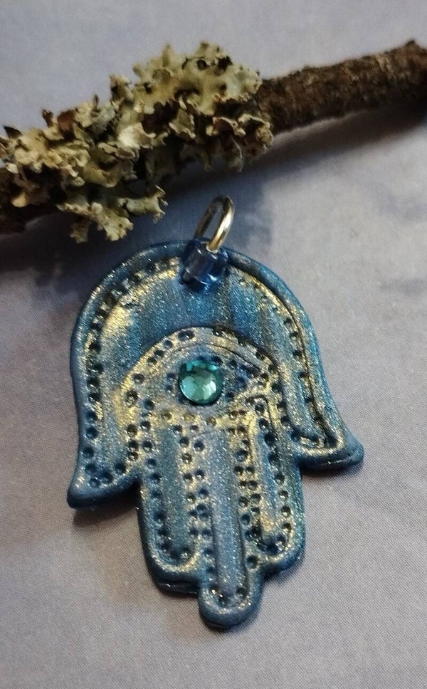 The Tooled Leather Blue Hamsa Pendant