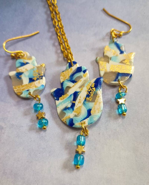 Handcrafted Mosaic Hamsa Jewelry Set with Star and Bead Drops