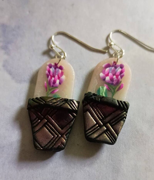 Painted Blooming Flower Pot Earring set