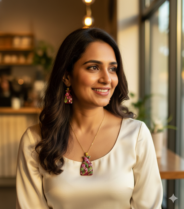 Deep Red Rosed Vase Necklace set