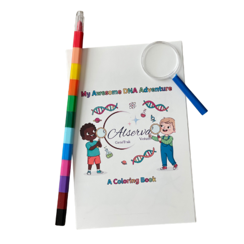 Alserva Votum GeneTrak complimentary My Awesome DNA Adventure coloring book when you book mobile DNA testing with Alserva Votum GeneTrak