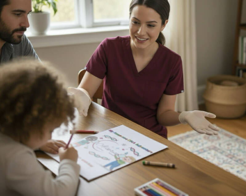 Alserva Votum GeneTrak DNA collector explaining the testing process while a child colors in the Alserva Votum GeneTrak My Awesome DNA Adventure coloring book, creating a comfortable and educational experience for families in Indy & surrounding areas
