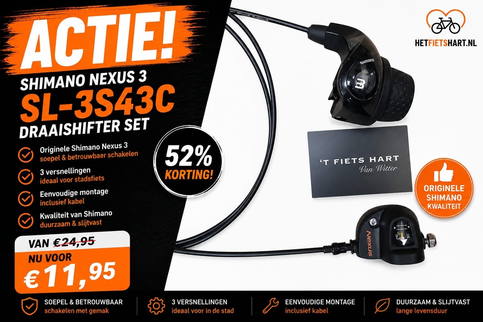 Shimano Nexus 3 SL-3S43C Versnellingsschakelaar – Zwart 1950mm