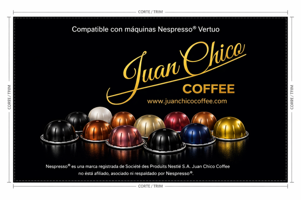 24 Medium Roast Arabica Coffee pods | Origin: Santa Ana El Salvador| Compatible with Nespresso® Vertuo™ machines. Nespresso® is a trademark of of Société des Produits Nestlé S.A. Juan Chico Coffee is not affiliated with or endorsed by Nespresso®.