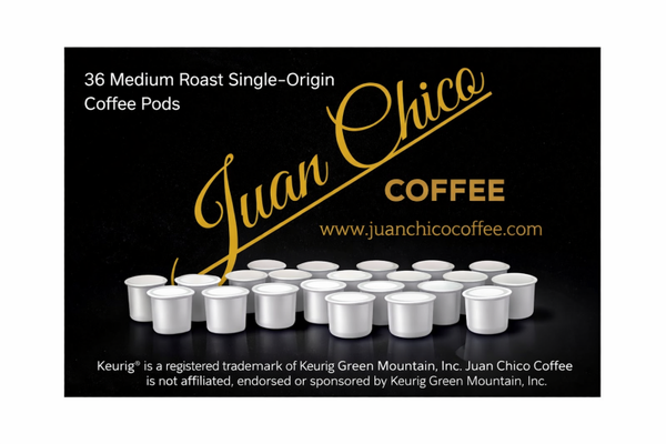 36 Premium Arabica Coffee Pods — Compatible with Keurig® K‑Cup® single‑serve brewers. Keurig® and K‑Cup® are trademarks of Keurig Dr Pepper. Juan Chico Coffee is not affiliated with or endorsed by Keurig®.