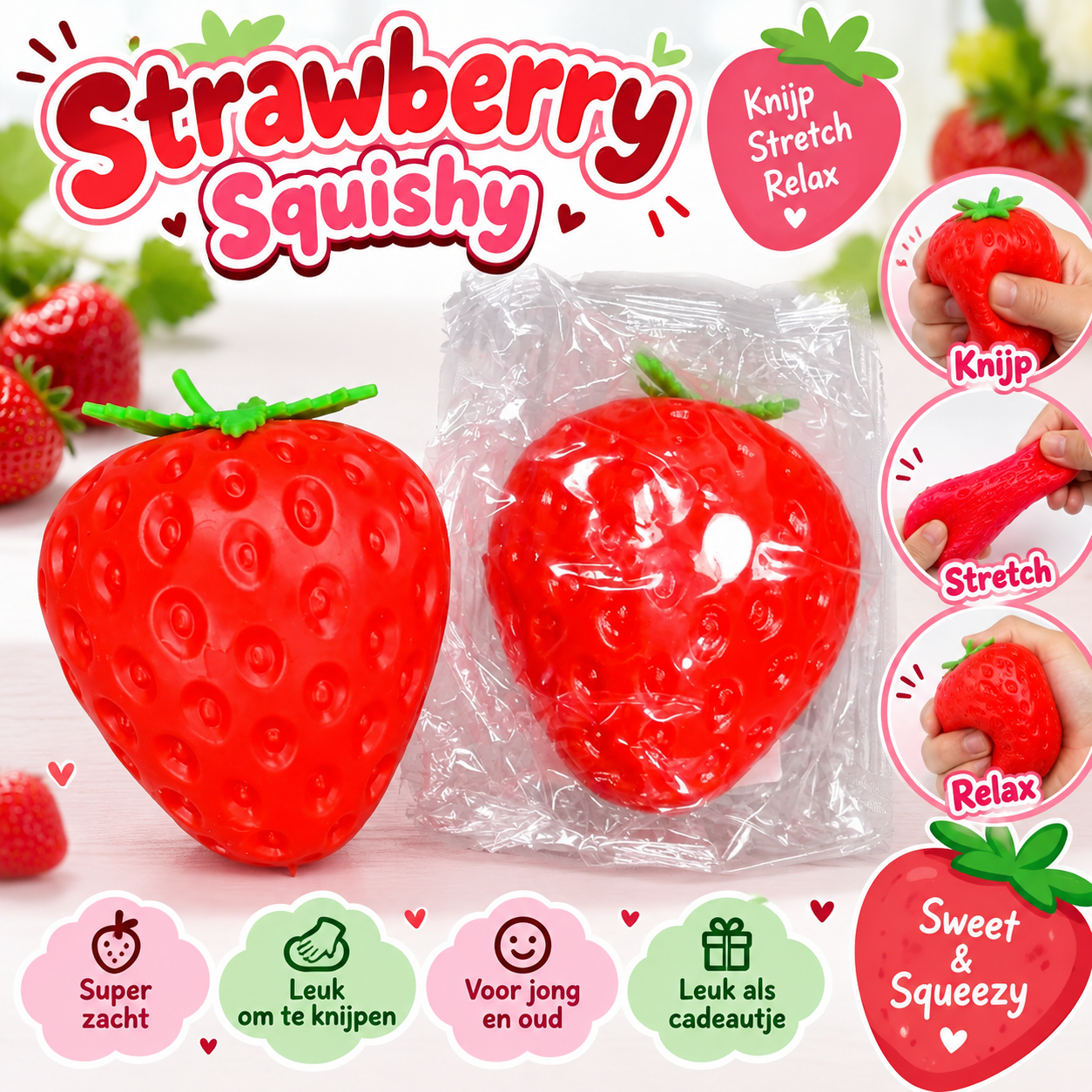 Strawberry Squishy – Superzachte Aardbei, Leuke Aardbei-Vorm, Zacht en Knijpbaar, Perfect als Cadeautje, Geschikt voor Kinderen vanaf 3 Jaar