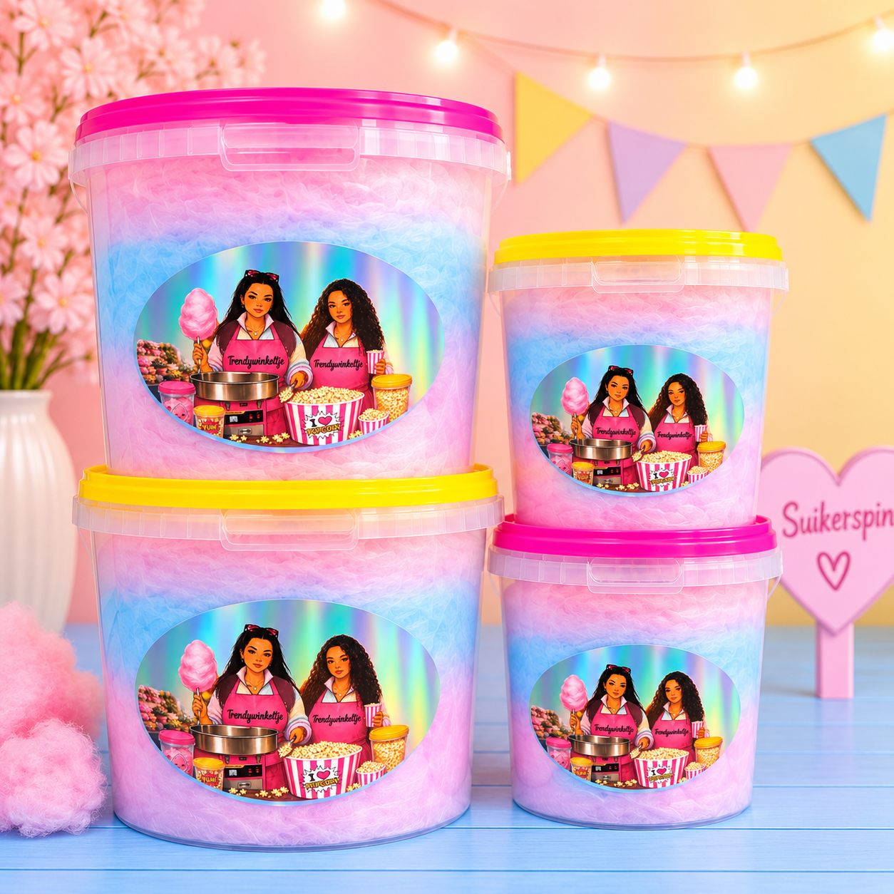 🍭 Trendywinkeltje Suikerspin – Verse Suikerspin in 1,5 Liter & 3 Liter Emmer