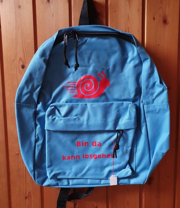 Rucksack hellblau mit Spruch