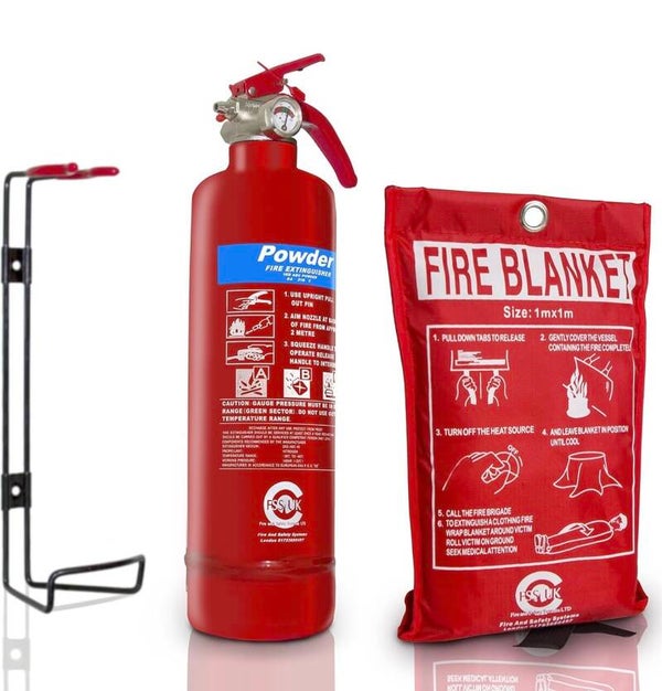 Premium FSS UK 1 KG ABC Dry Powder BSI KITEMARKED FIRE Extinguisher with CE Marked FIRE Blanket. Ideal for Homes Boats Kitchen Workplace Offices Cars Vans Warehouses GARAGES Hotels Restaurants Amazon's