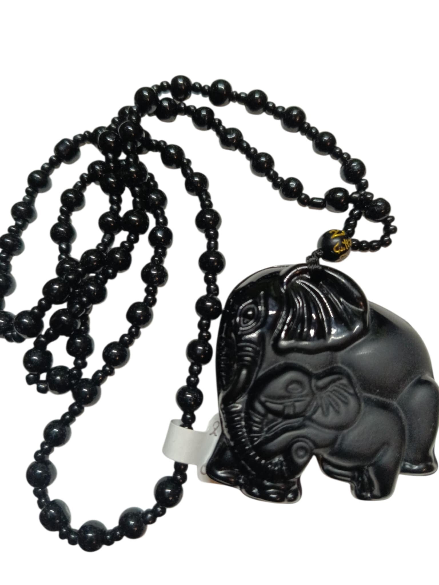 Collier Obsidienne Noire " 2 Eléphants "