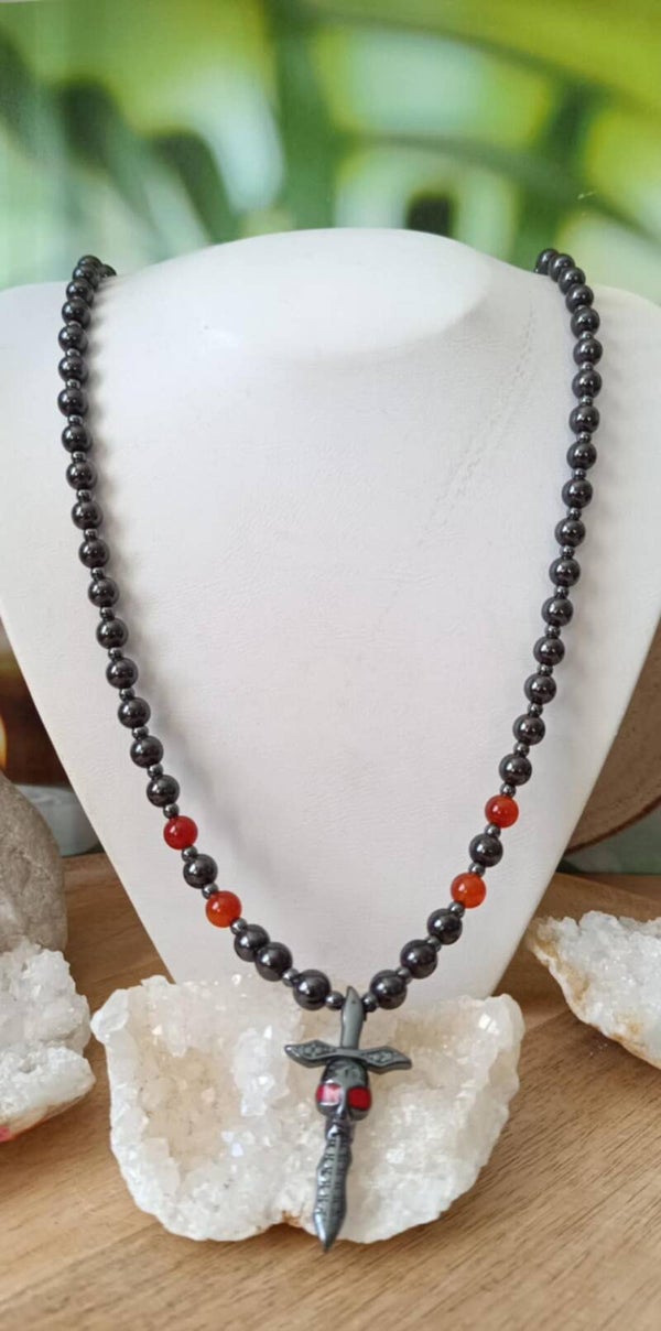 Collier/Chapelet Agate Rouge Hématite Tête de Mort