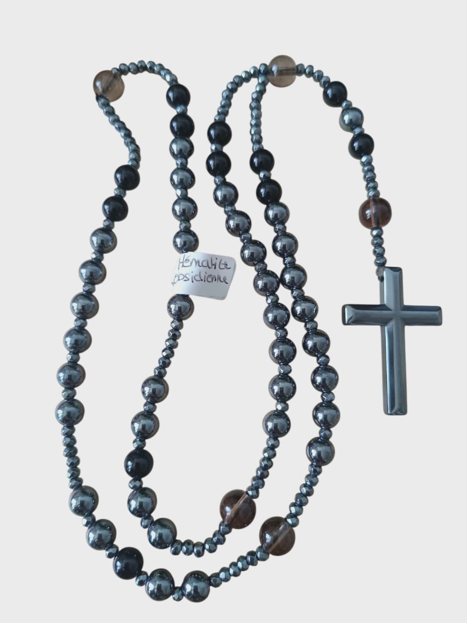 Collier / Chapelet Hématite Obsidienne Noire Quartz Fumé