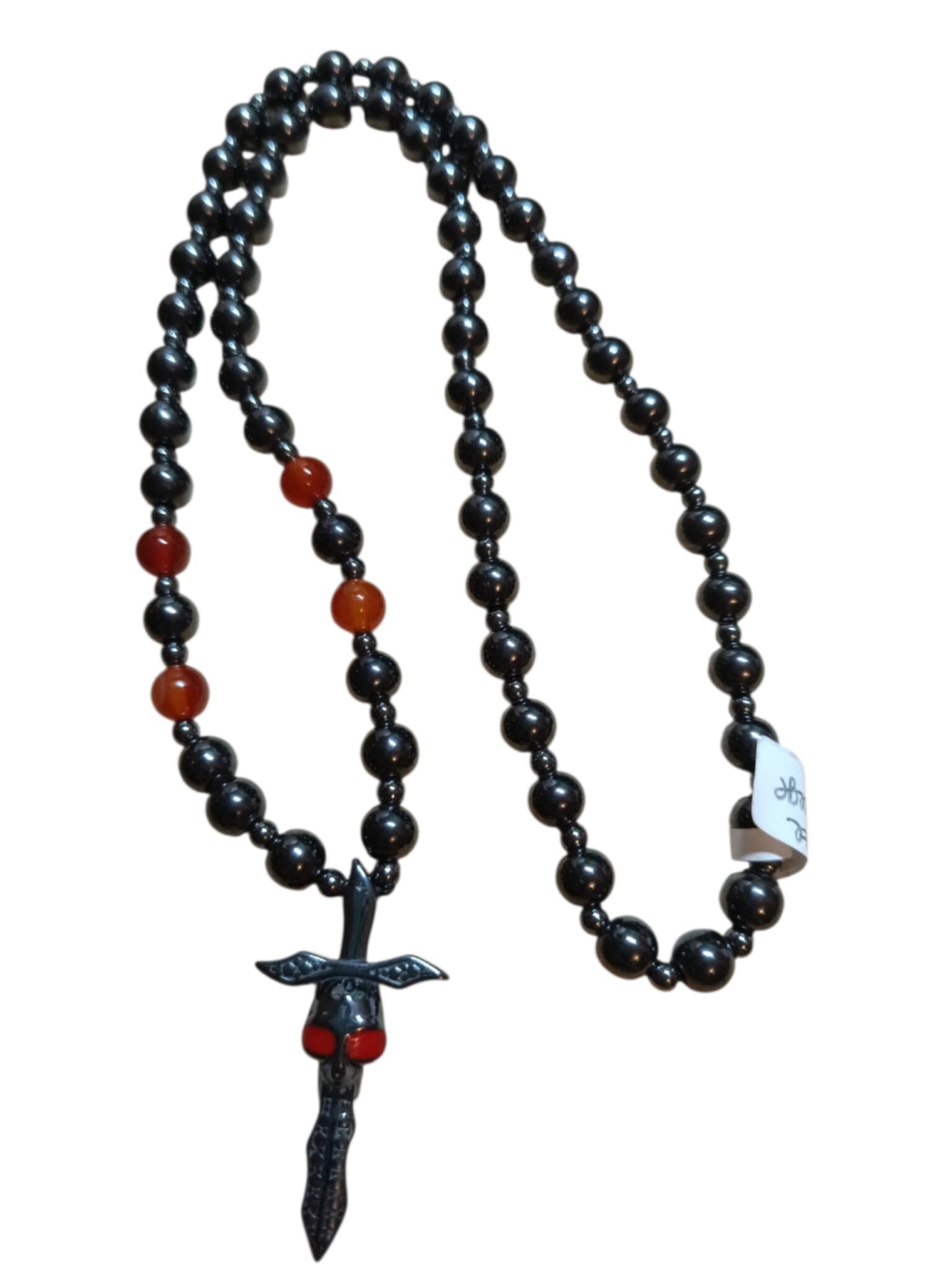 Collier/Chapelet Agate Rouge Hématite Tête de Mort