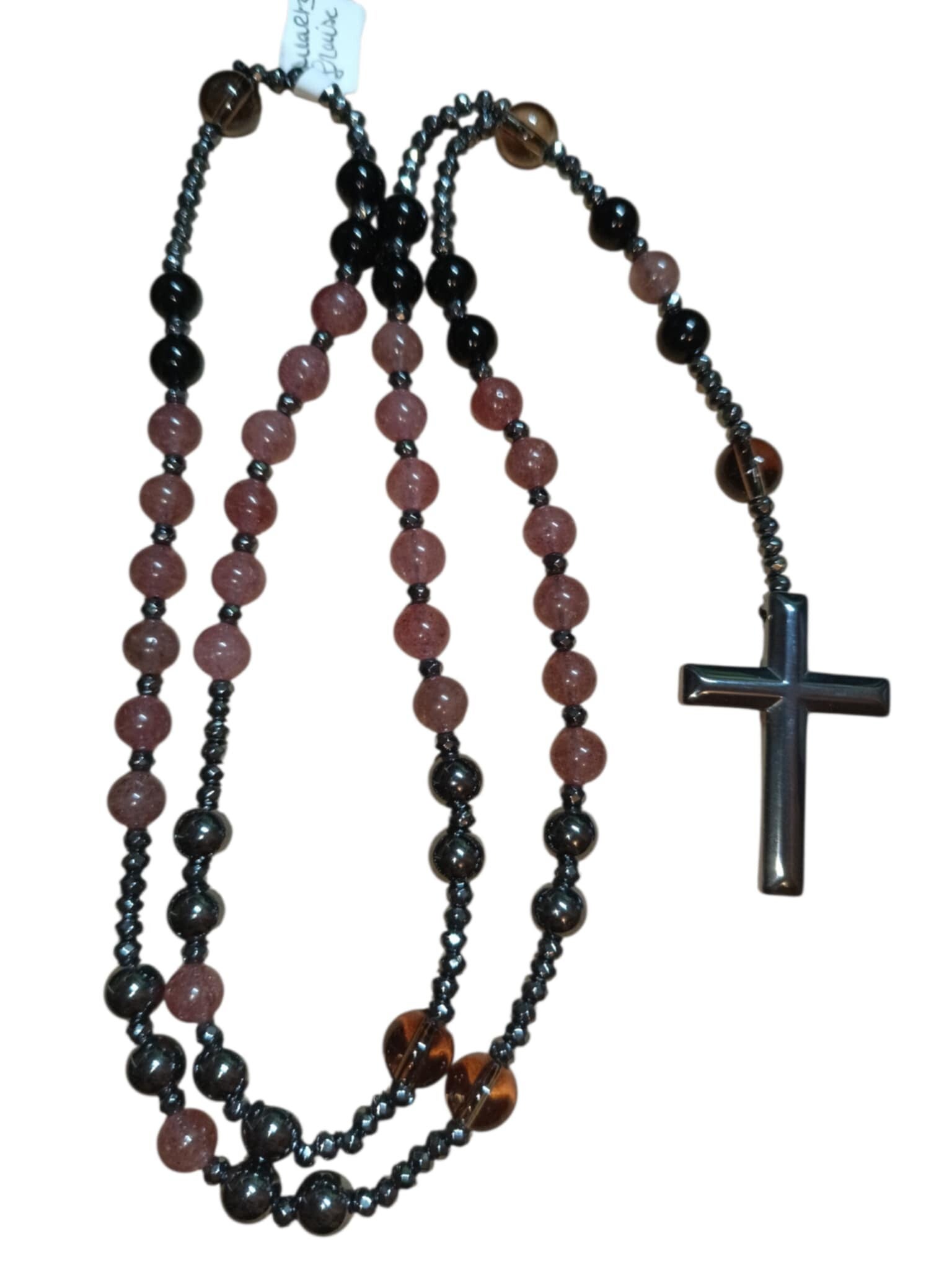 Collier/Chapelet Quartz Fraise Hématite Obsidienne Noire