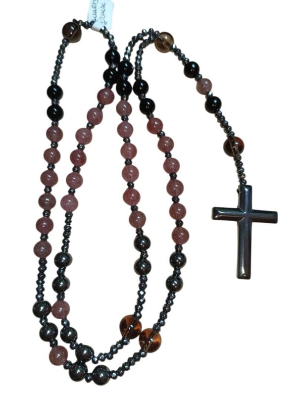 Collier/Chapelet Quartz Fraise Hématite Obsidienne Noire