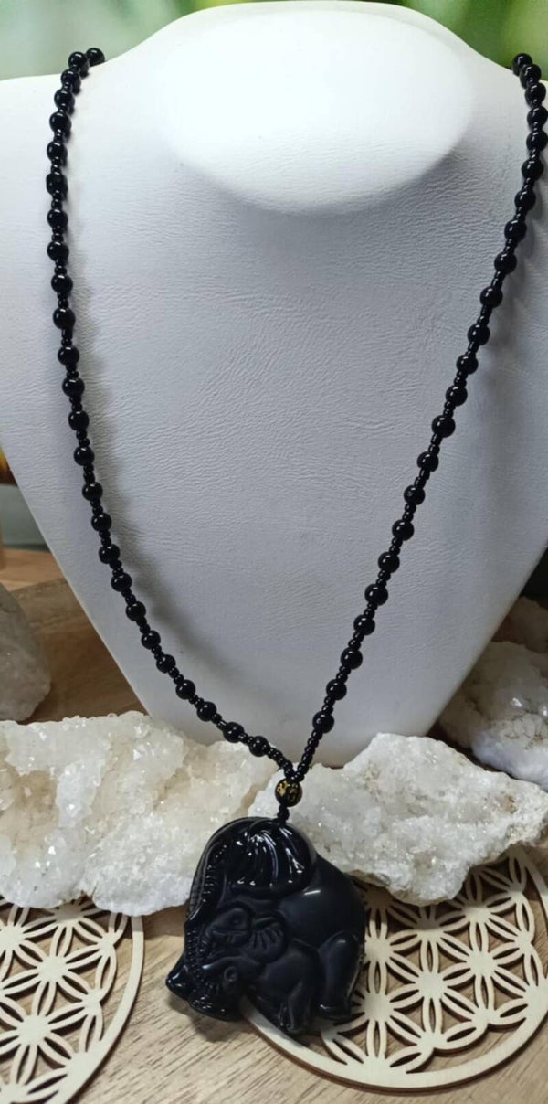 Collier Obsidienne Noire 2 Eléphants