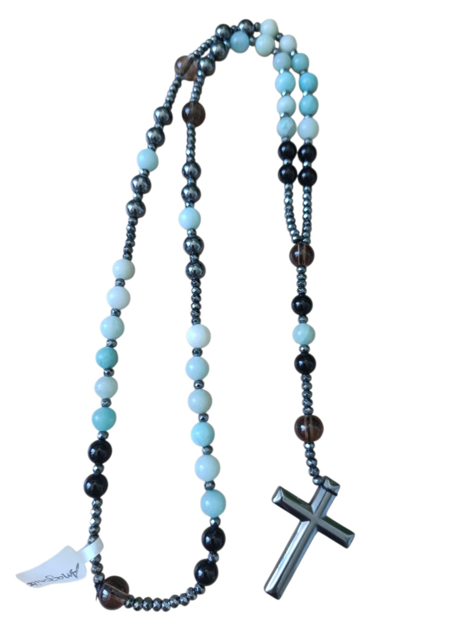 Collier/Chapelet Amazonite Hématite Quartz Fumé Obsidienne Noire