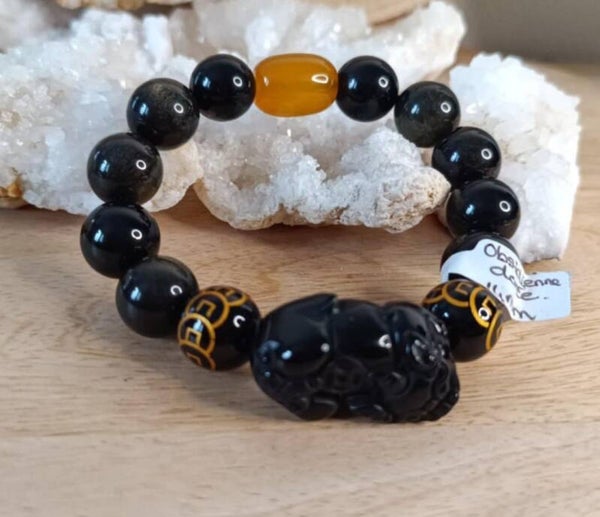 Bracelet Obsidienne Dorée " Charm Eléphant "
