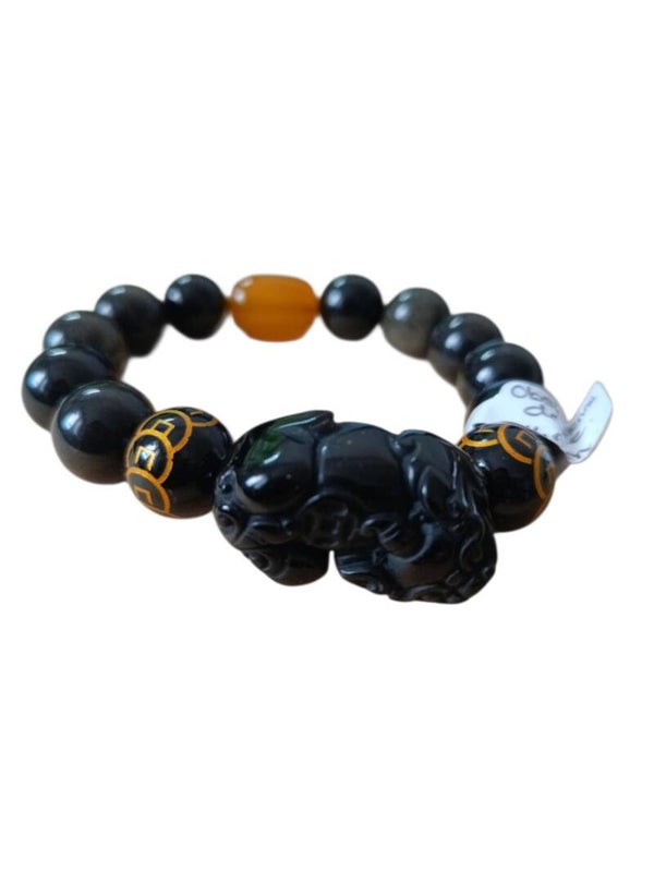 Bracelet Obsidienne Dorée " Charm Eléphant "