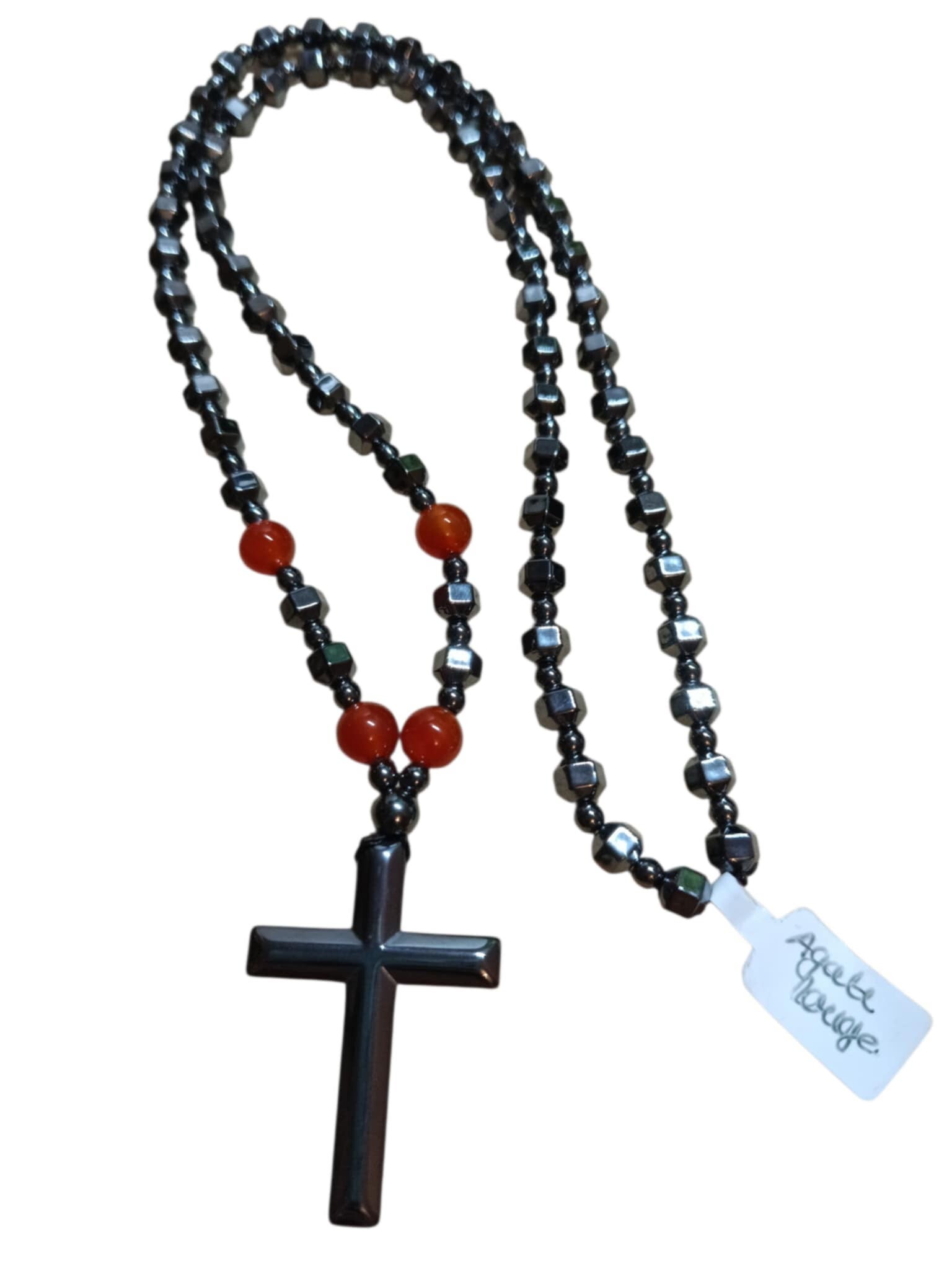 Collier/Chapelet Agate Rouge Hématite Croix