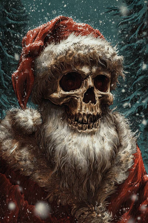 Dunkler Weihnachtsmann als Skelett im Schneesturm