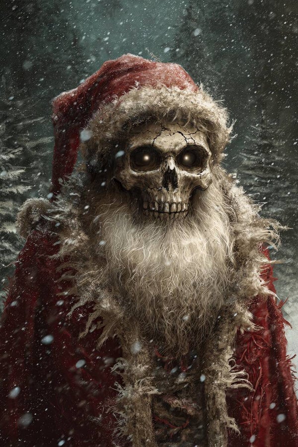 Dunkler Weihnachtsmann als Skelett im Schneesturm
